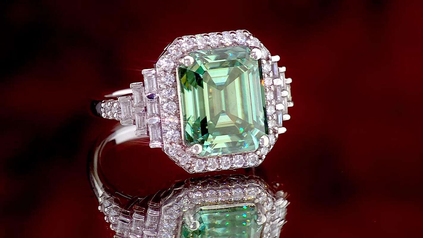 D''Joy Asscher Cut Green Moissanite 9mm and Multi Sapphire 5.40 ctw Ring in Rhodium Over Sterling Silver (Size 10.0)