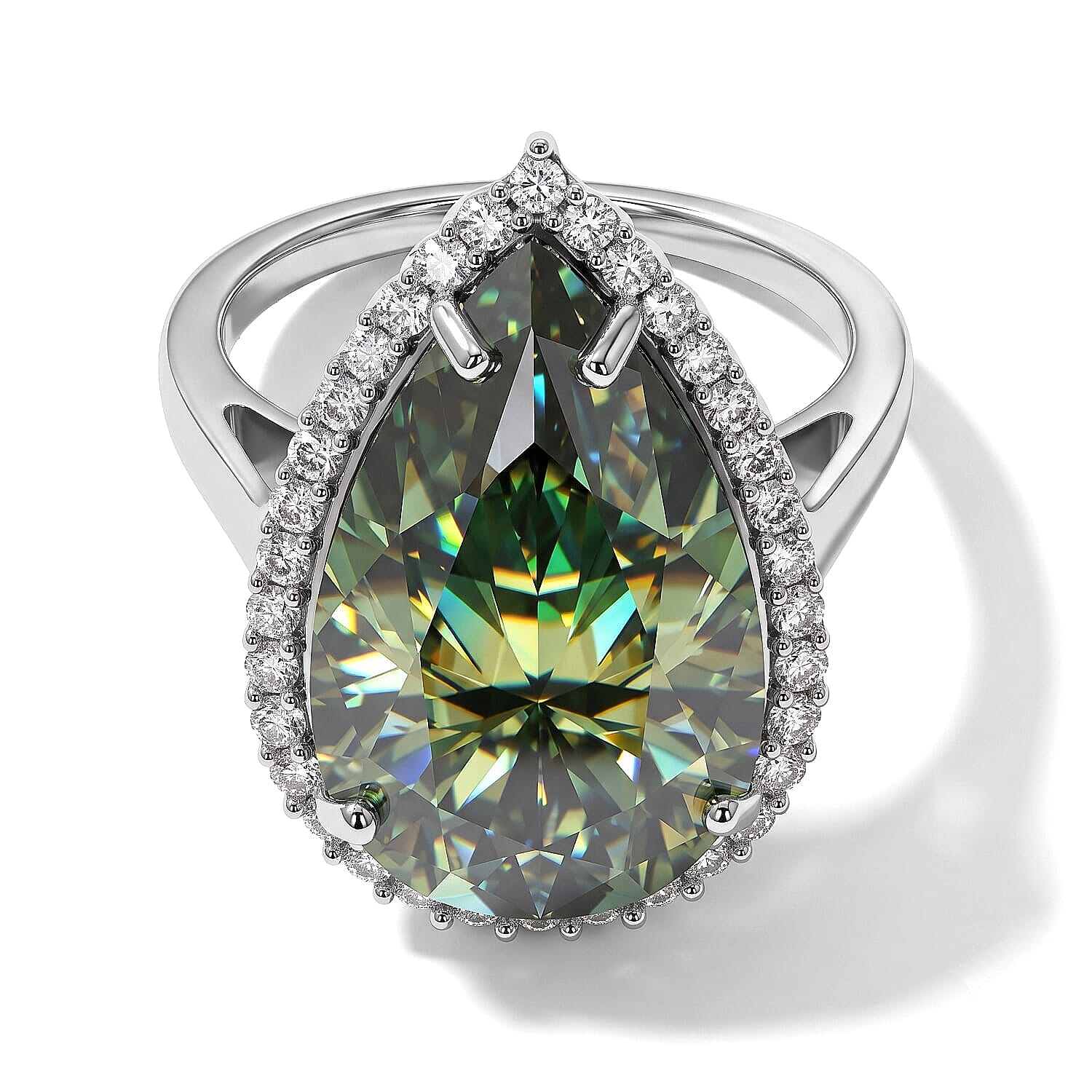 D'Joy Green Moissanite and Moissanite 11.40 ctw Verdant Halo Grand Ring in Rhodium Over Sterling Silver (Size 10.0)