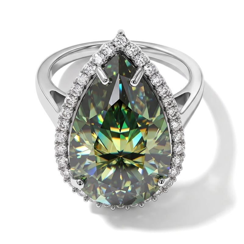 D'Joy Green Moissanite and Moissanite 11.40 ctw Verdant Halo Grand Ring in Rhodium Over Sterling Silver (Size 10.0)