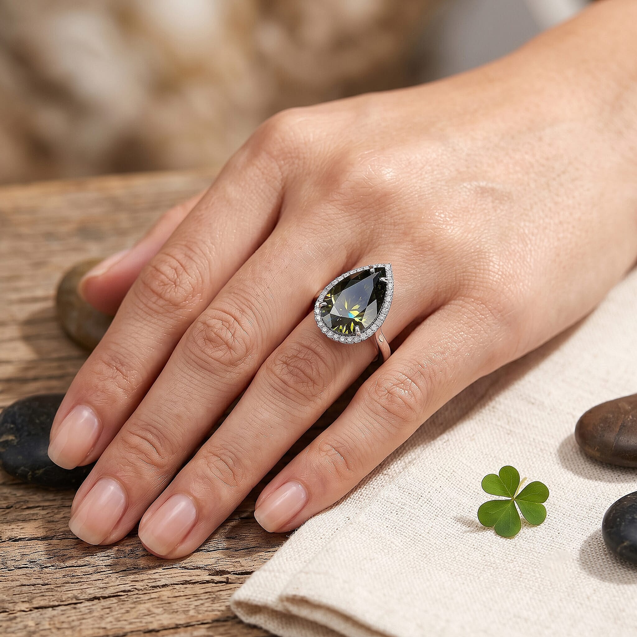 D'Joy Green Moissanite and Moissanite 11.40 ctw Verdant Halo Grand Ring in Rhodium Over Sterling Silver (Size 10.0)