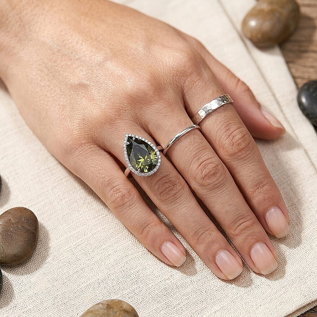 D'Joy Green Moissanite and Moissanite 11.40 ctw Verdant Halo Grand Ring in Rhodium Over Sterling Silver (Size 10.0)