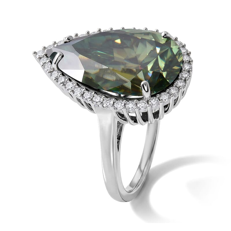 D'Joy Green Moissanite and Moissanite 11.40 ctw Verdant Halo Grand Ring in Rhodium Over Sterling Silver (Size 10.0)