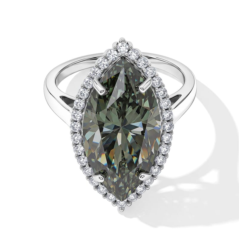 D'Joy Green and White Moissanite 9.35 ctw Verdant Halo Grand Ring in Rhodium Over Sterling Silver (Size 10.0)