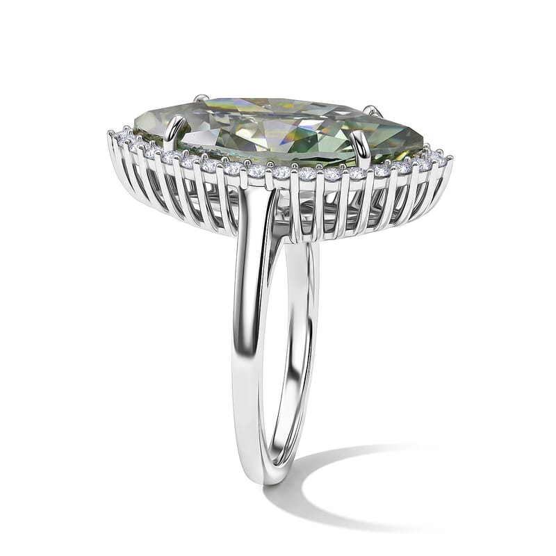 D'Joy Green and White Moissanite 9.35 ctw Verdant Halo Grand Ring in Rhodium Over Sterling Silver (Size 10.0)