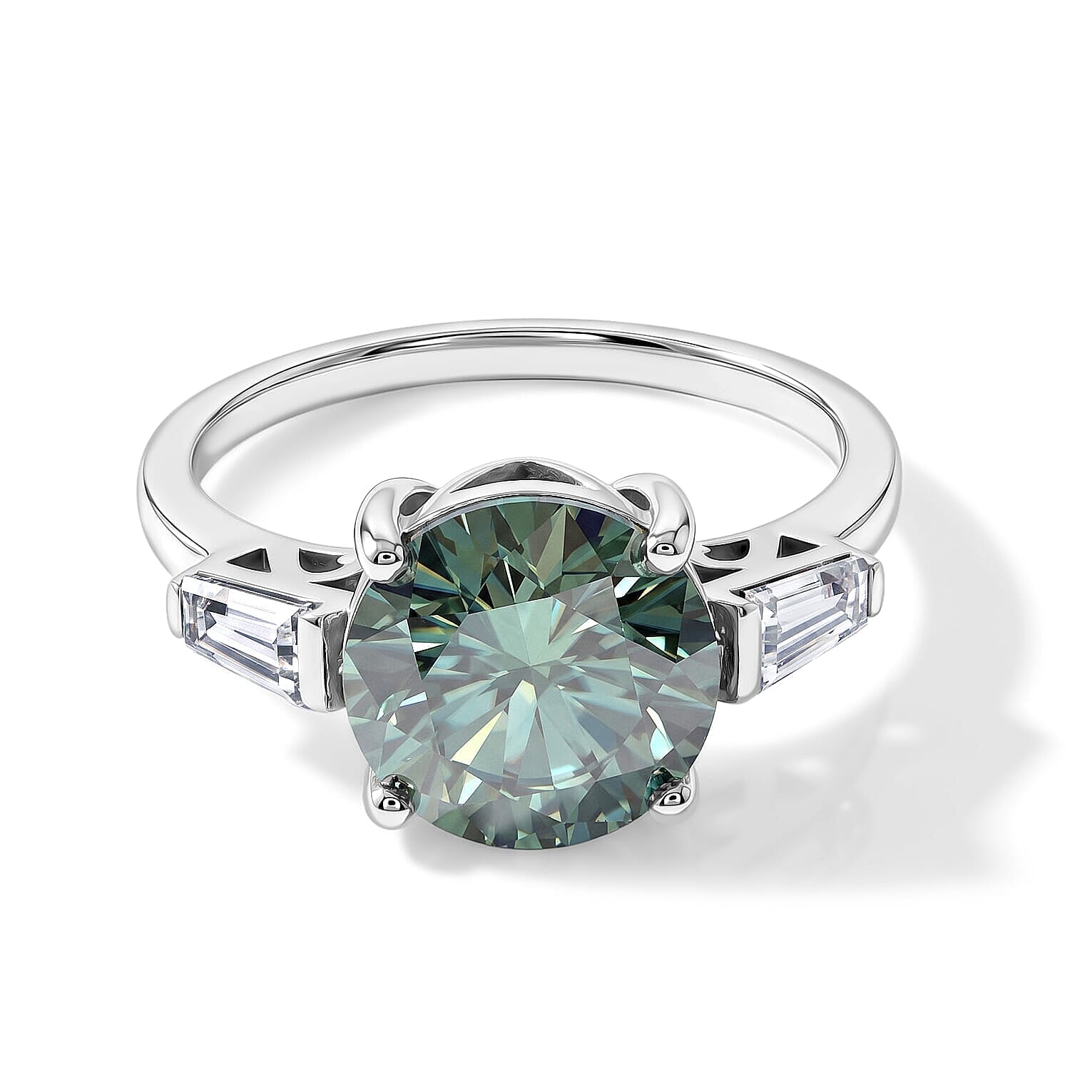 D'Joy Green and White Moissanite (Rnd 10mm) Ring in Rhodium Over Sterling Silver (Size 5.0) 4.00 ctw