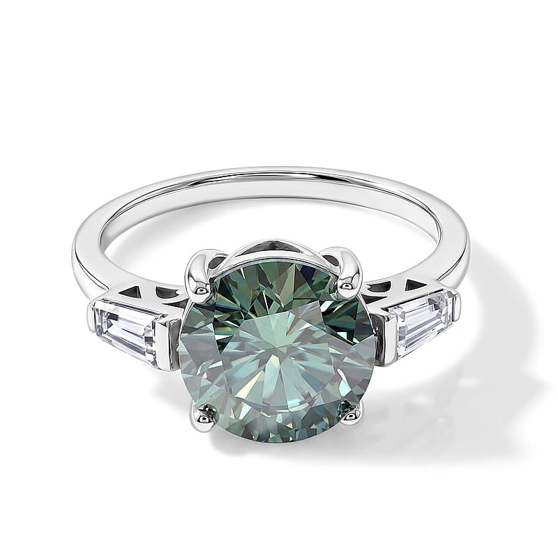 D'Joy Green and White Moissanite (Rnd 10mm) Ring in Rhodium Over Sterling Silver (Size 5.0) 4.00 ctw