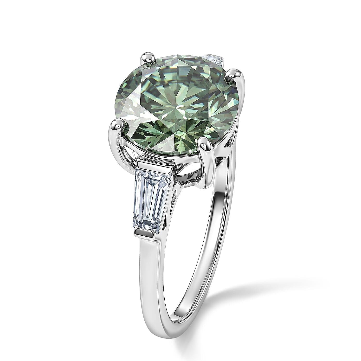 D'Joy Green and White Moissanite (Rnd 10mm) Ring in Rhodium Over Sterling Silver (Size 5.0) 4.00 ctw