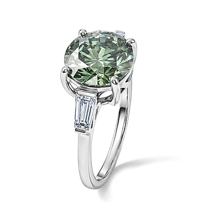 D'Joy Green and White Moissanite (Rnd 10mm) Ring in Rhodium Over Sterling Silver (Size 5.0) 4.00 ctw