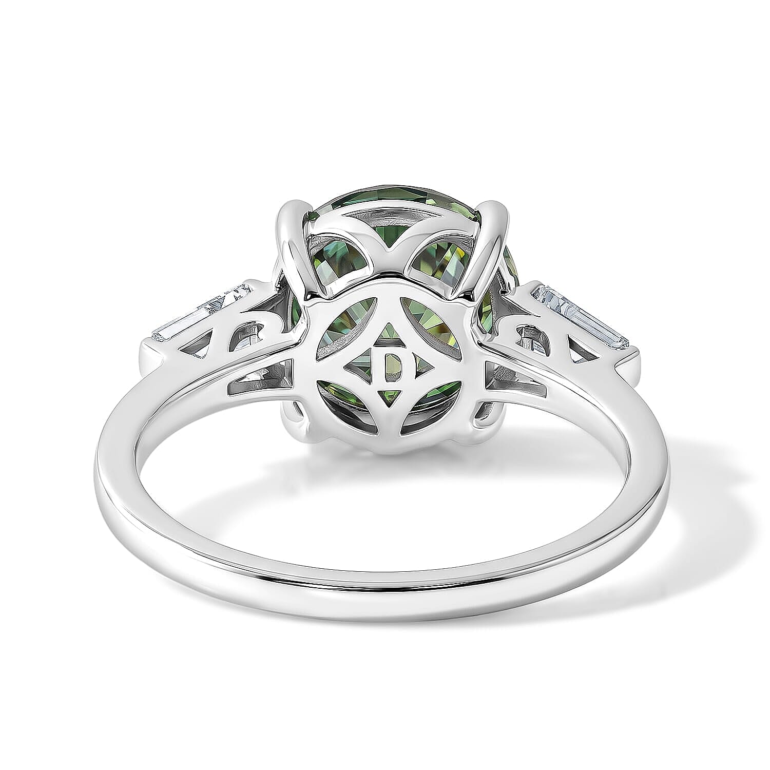 D'Joy Green and White Moissanite (Rnd 10mm) Ring in Rhodium Over Sterling Silver (Size 5.0) 4.00 ctw