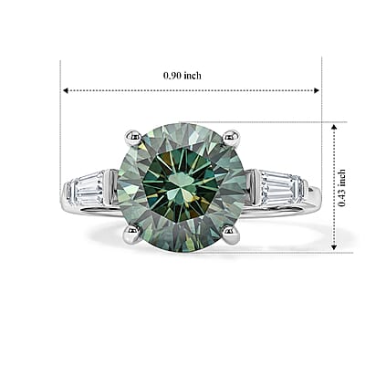D'Joy Green and White Moissanite (Rnd 10mm) Ring in Rhodium Over Sterling Silver (Size 5.0) 4.00 ctw