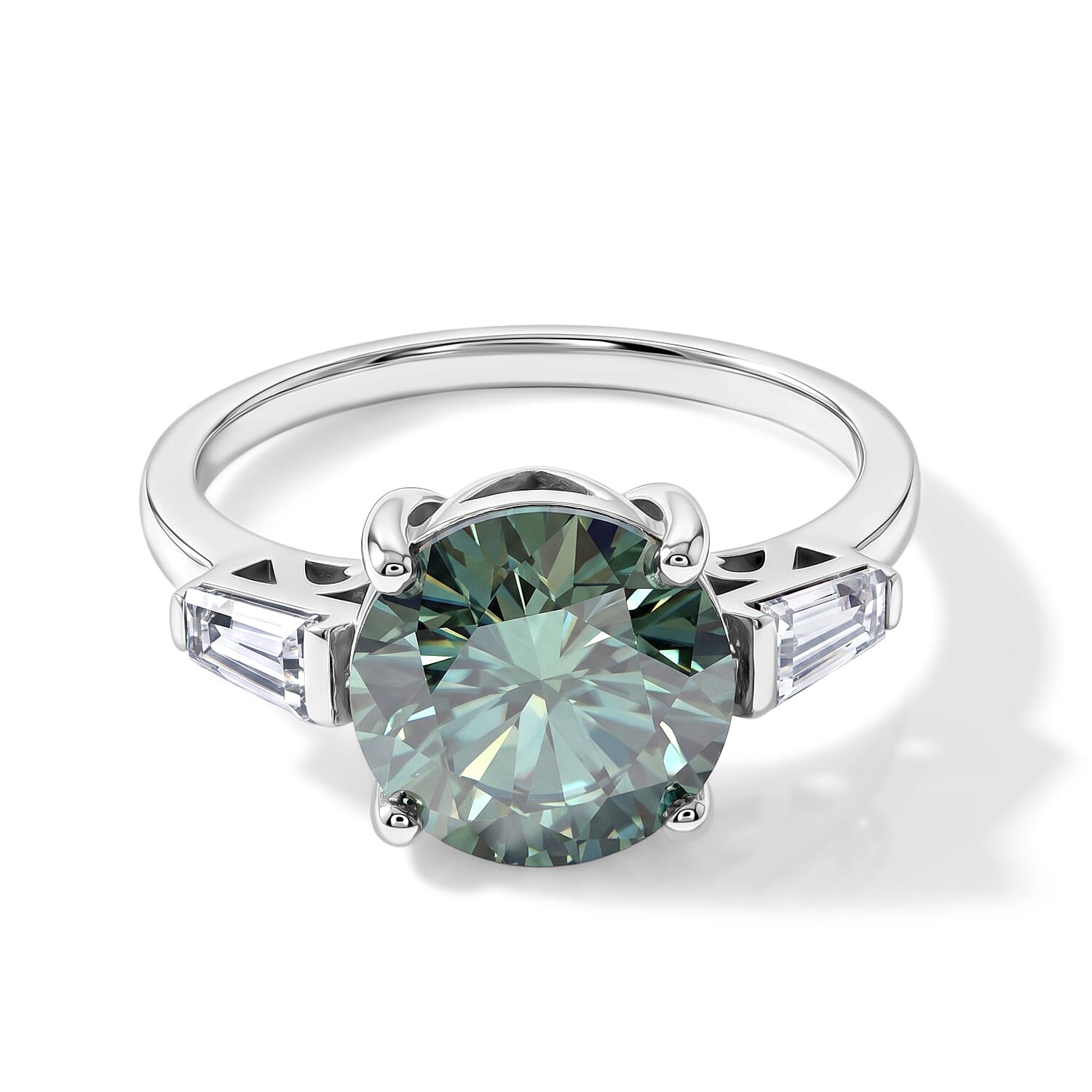 D'Joy Green and White Moissanite 4.00 ctw Verdant Baguette Trio Ring in Rhodium Over Sterling Silver (Size 8.0)