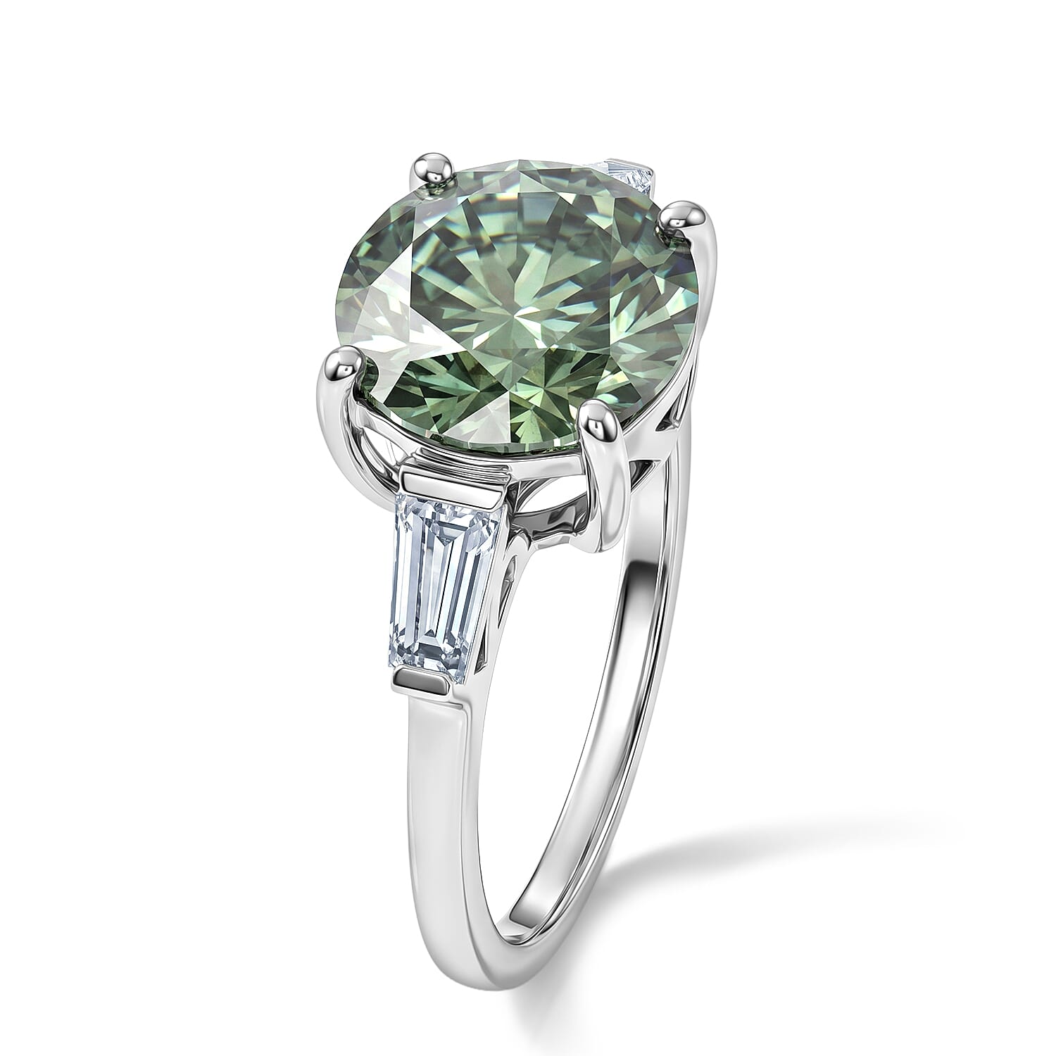 D'Joy Green and White Moissanite 4.00 ctw Verdant Baguette Trio Ring in Rhodium Over Sterling Silver (Size 8.0)