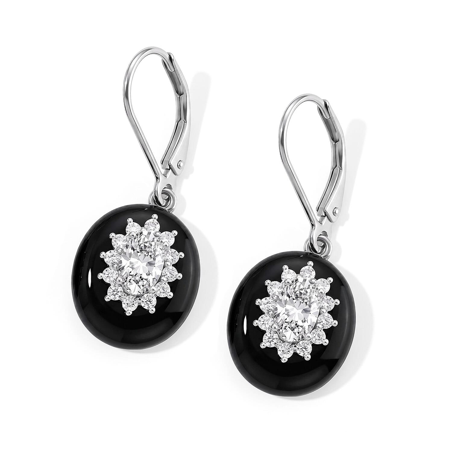 D'Joy Moissanite and Black Jade(D) 12.20 ctw Radiance Earrings in Rhodium Over Sterling Silver