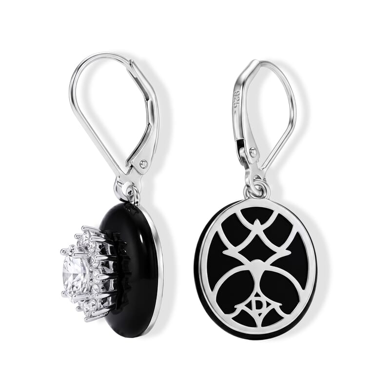 D'Joy Moissanite and Black Jade(D) 12.20 ctw Radiance Earrings in Rhodium Over Sterling Silver