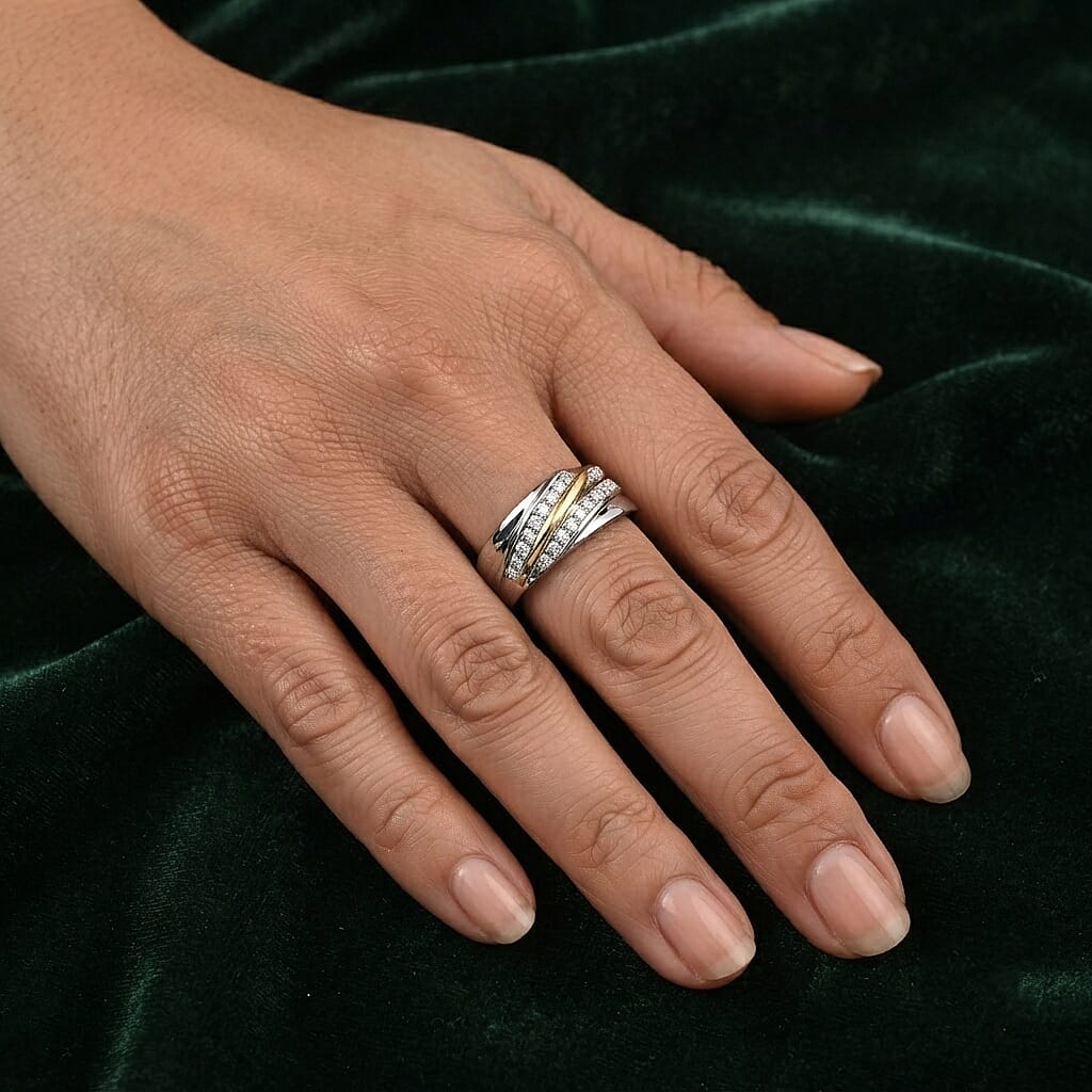 EverTrue Moissanite 0.20 ctw Two tone Flowing Band Ring in Platinum Bond and 14K YG Over Sterling Silver (Size 6.0)