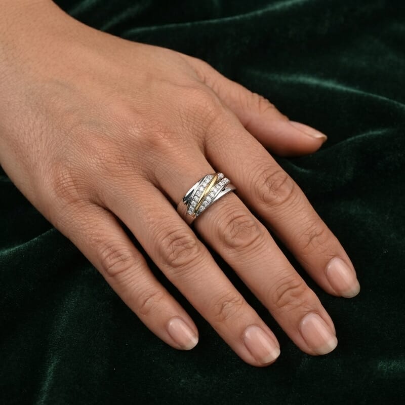 EverTrue Moissanite 0.20 ctw Two tone Flowing Band Ring in Platinum Bond and 14K YG Over Sterling Silver (Size 7.0)