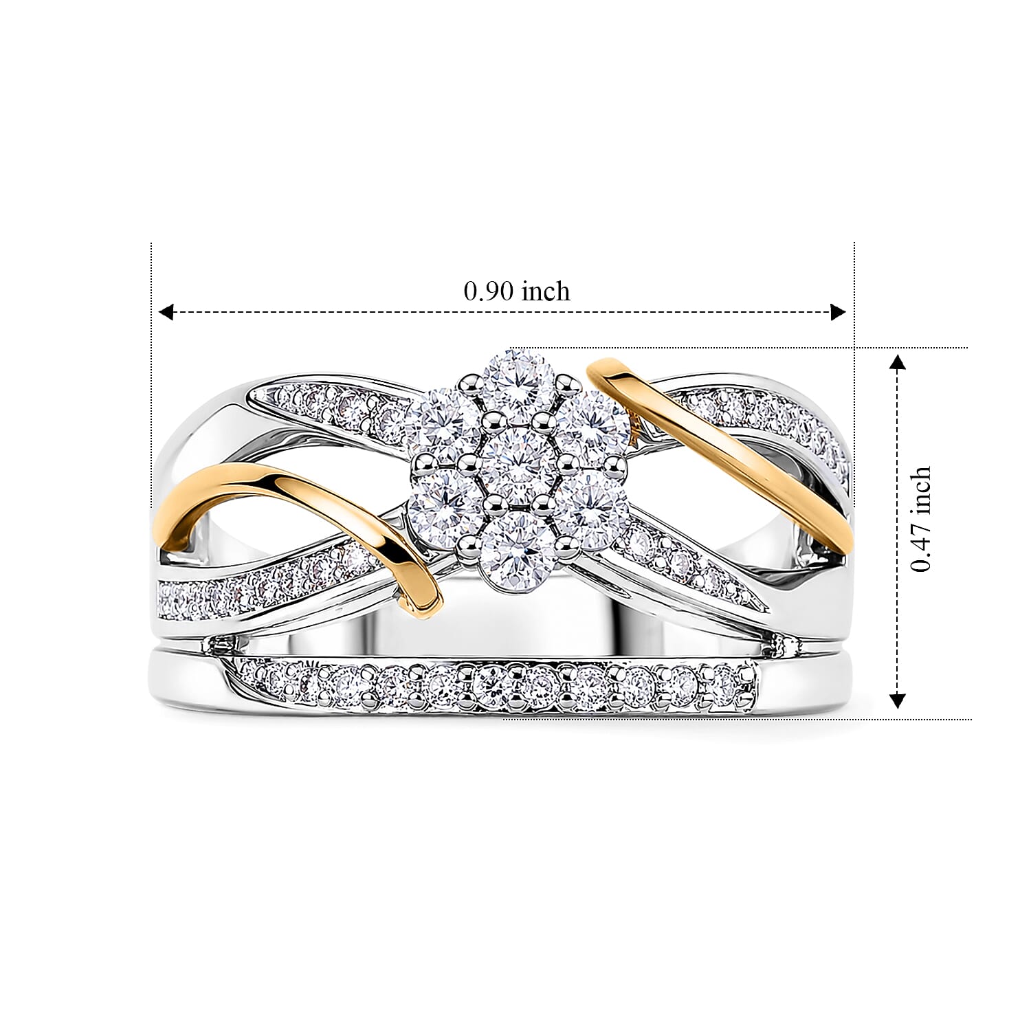 EverTrue Moissanite 0.50 ctw Two tone Blooming Flower Ring in Platinum Bond and 14K YG Over Sterling Silver (Size 6.0)