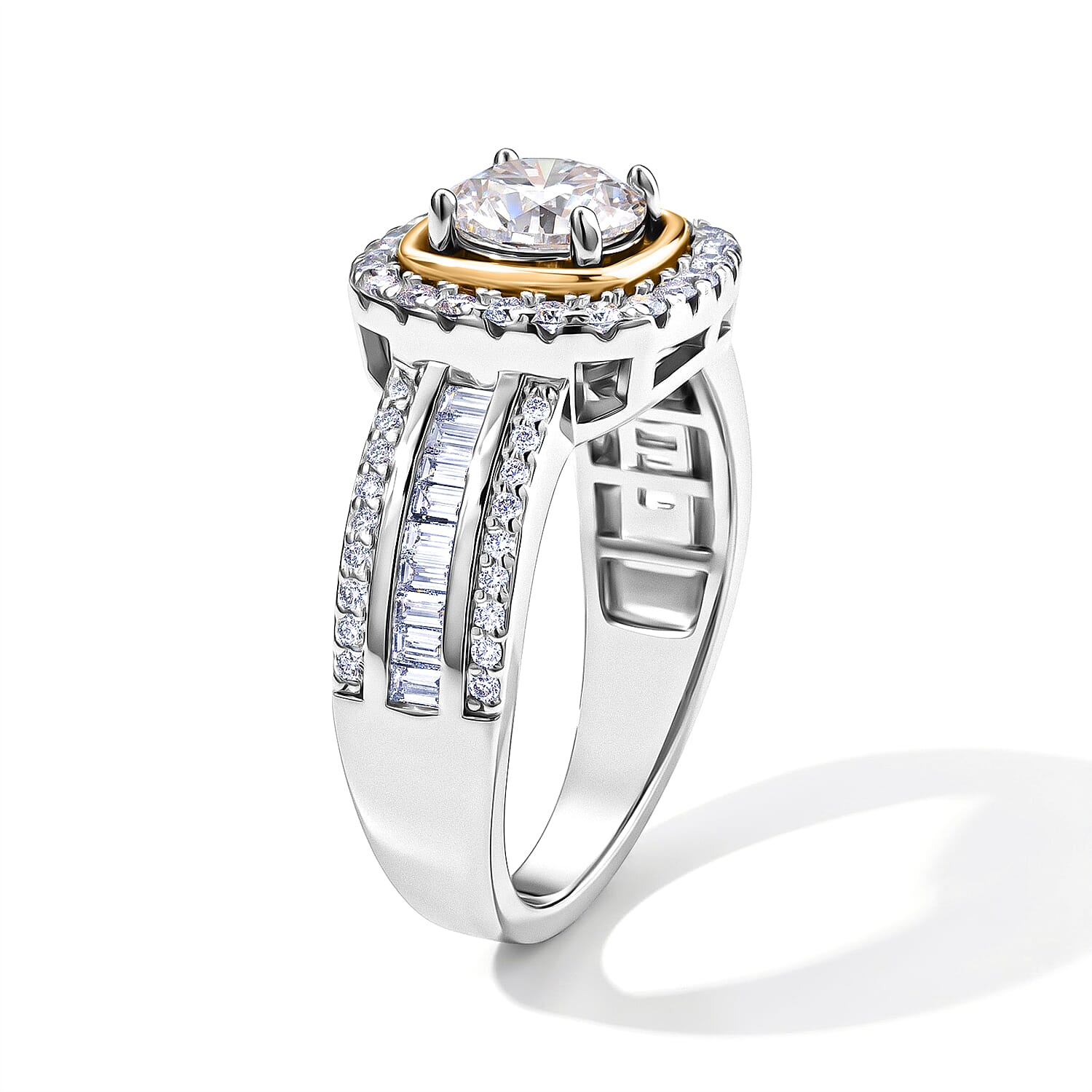 EverTrue Moissanite 1.75 ctw Two tone Halo Ring in Platinum Bond and 14K YG Over Sterling Silver (Size 7.0)
