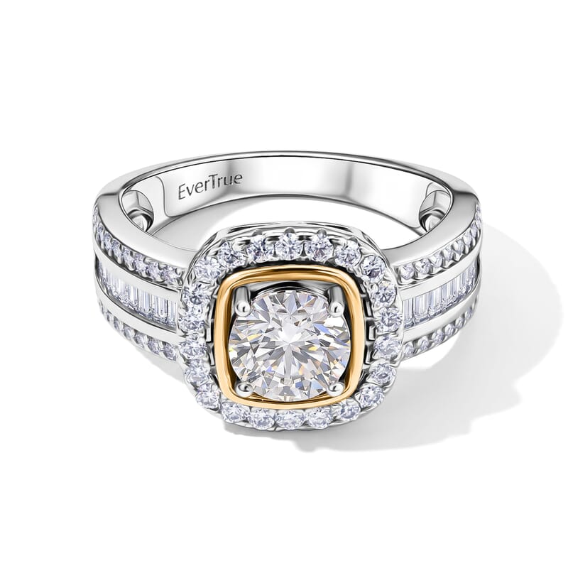 EverTrue Moissanite 1.75 ctw Two tone Halo Ring in Platinum Bond and 14K YG Over Sterling Silver (Size 8.0)