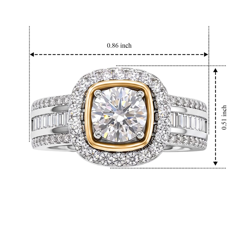 EverTrue Moissanite 1.75 ctw Two tone Halo Ring in Platinum Bond and 14K YG Over Sterling Silver (Size 8.0)