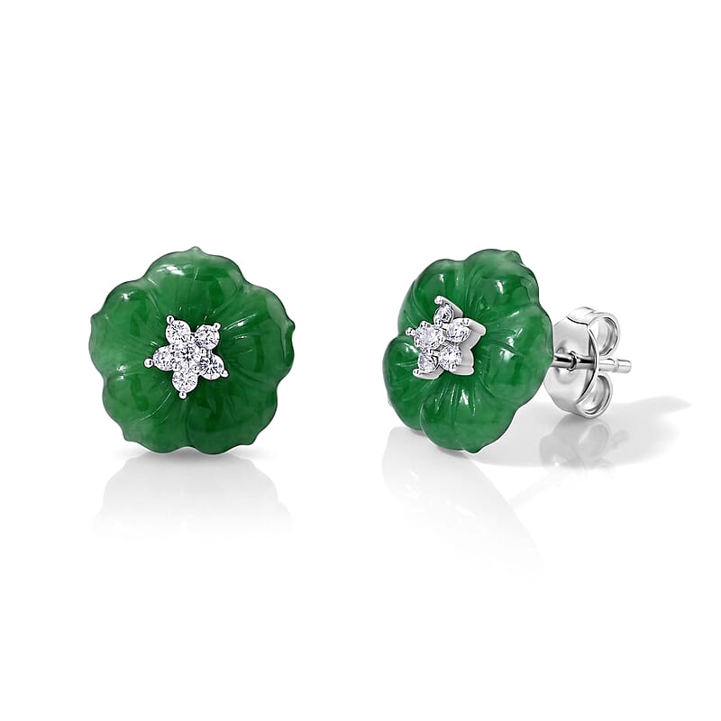 D'Joy Green Jade (D) and Moissanite 11.10 ctw Earrings in Rhodium Over Sterling Silver