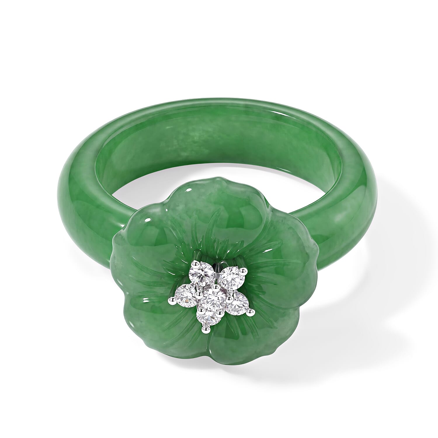 D'Joy Green Jade (D) and Moissanite 19.65 ctw Ring in Rhodium Over Sterling Silver (Size 6.0)