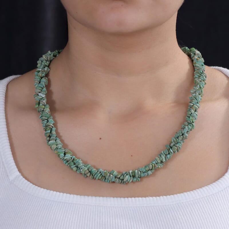 D'Joy Royal Hubei Green Turquoise 355.00 ctw Nuggets 3 Row Twisted Necklace (22 Inches) in Rhodium Over Sterling Silver