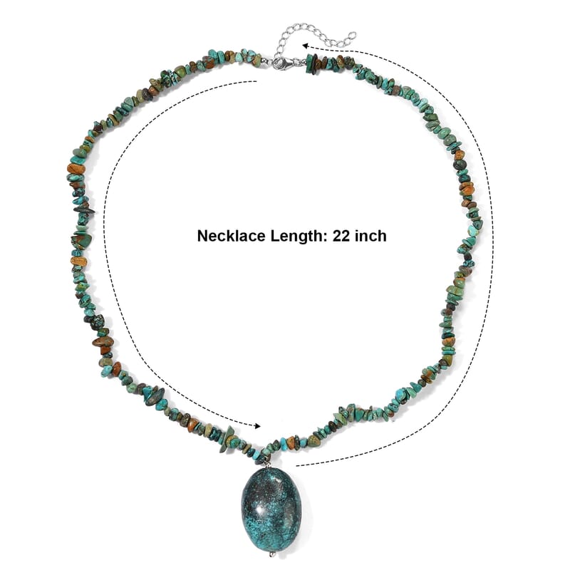 D'Joy Royal Hubei Turquoise 275.00 ctw Tumble Pendant with Chips Necklace (22-24 Inches) in Rhodium Over Sterling Silver