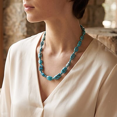D'Joy Turquoise 400.00 ctw Tumble Beaded Necklace (24-26 Inches) in Rhodium Over Sterling Silver