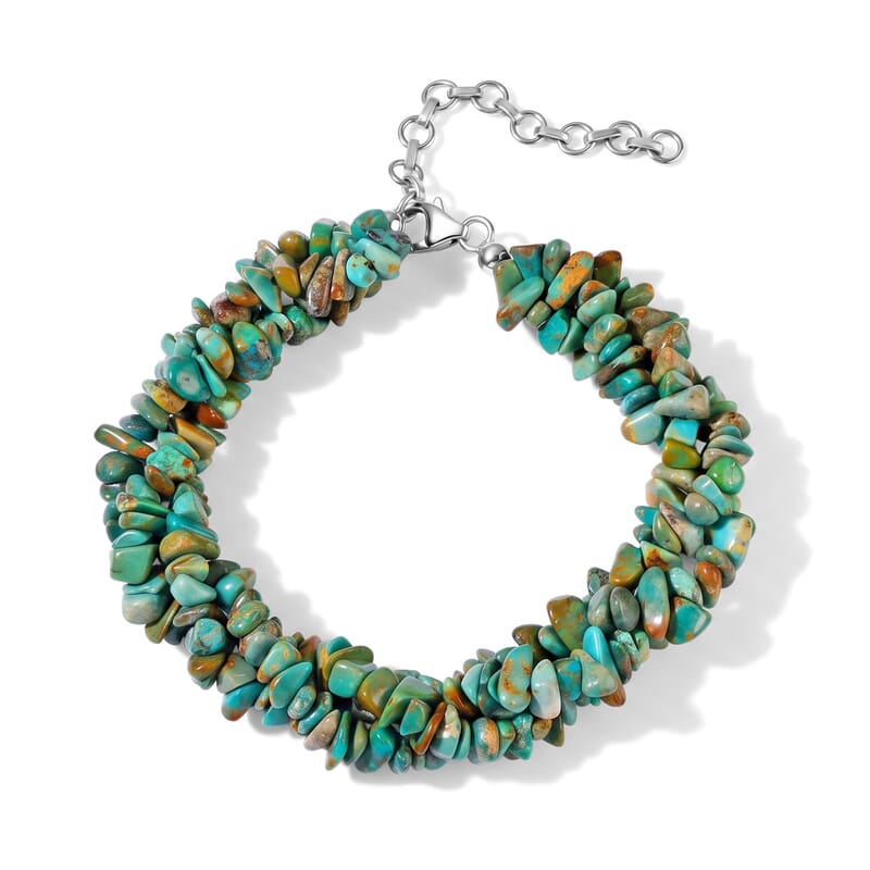 D'Joy Royal Hubei Green Turquoise 85.00 ctw Nuggets 3 Row Twisted Bracelet in Rhodium Over Sterling Silver (7.25-9.25In)