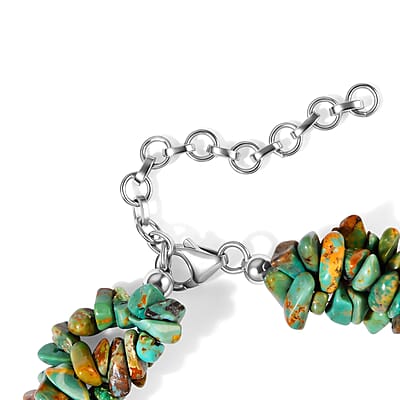 D'Joy Green Turquoise 85.00 ctw Chips 3 Row Twisted Bracelet in Rhodium Over Sterling Silver (7.25-9.25In)