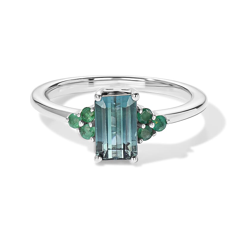 D'Joy AAA Monte Belo Indicolite and Kagem Zambian Emerald 1.30 ctw Ring in Rhodium Over Sterling Silver (Size 7.0)