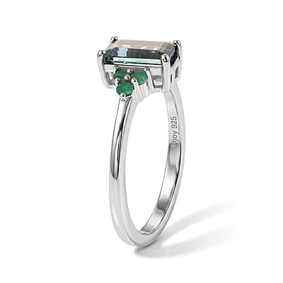 D'Joy AAA Monte Belo Indicolite and Kagem Zambian Emerald 1.30 ctw Ring in Rhodium Over Sterling Silver (Size 7.0)