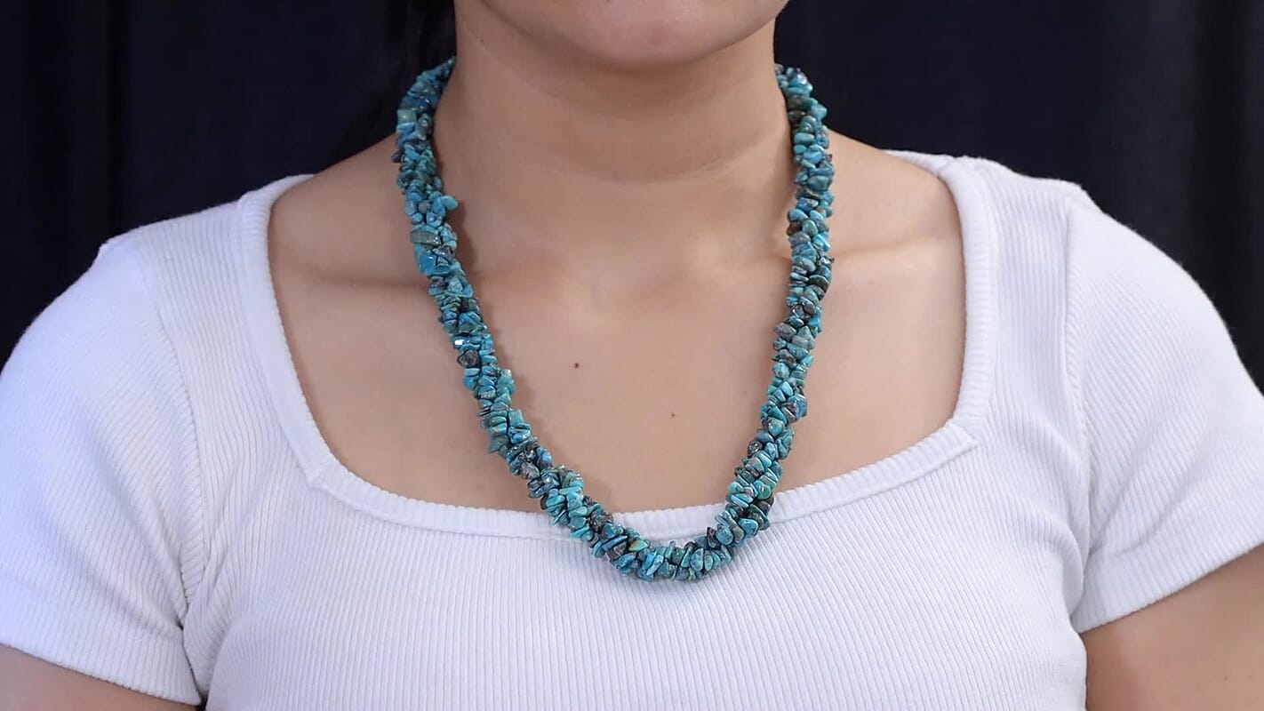 D''Joy Blue Turquoise Chips 355.00 ctw Beaded 3 Row Twisted Necklace (22 Inches) in Rhodium Over Sterling Silver