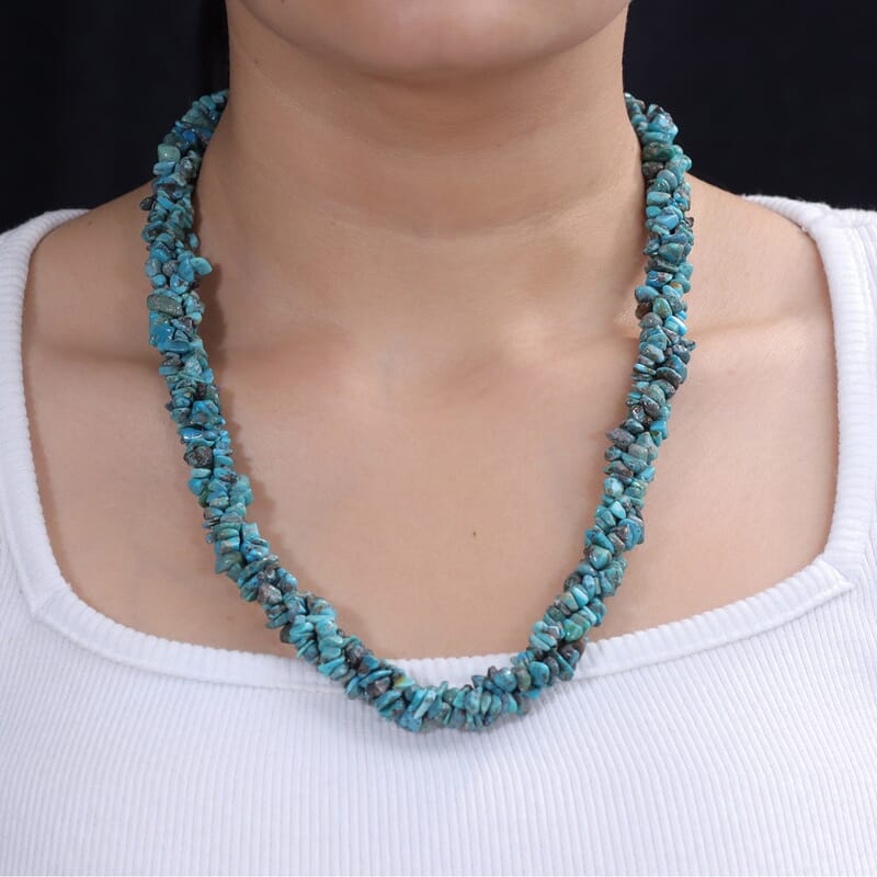 D'Joy Royal Hubei Blue Turquoise Nuggets 355.00 ctw Beaded 3 Row Twisted Necklace (22 Inches) in Rhodium Over Sterling Silver