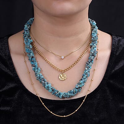 D'Joy Blue Turquoise Chips 355.00 ctw Beaded 3 Row Twisted Necklace (22 Inches) in Rhodium Over Sterling Silver