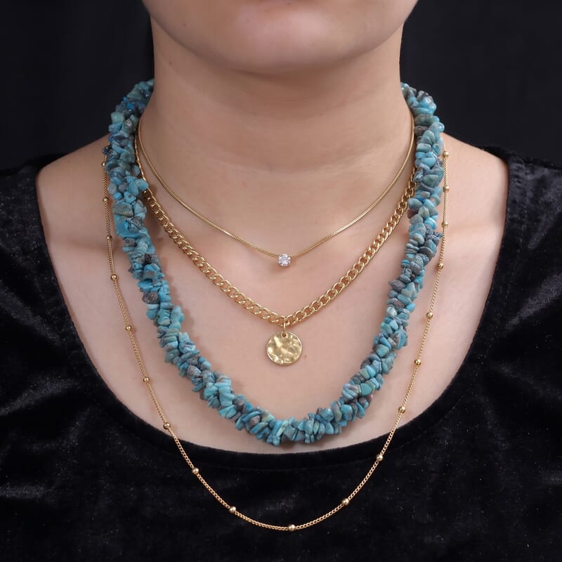 D'Joy Royal Hubei Blue Turquoise Nuggets 355.00 ctw Beaded 3 Row Twisted Necklace (22 Inches) in Rhodium Over Sterling Silver