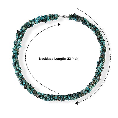 D'Joy Blue Turquoise Chips 355.00 ctw Beaded 3 Row Twisted Necklace (22 Inches) in Rhodium Over Sterling Silver