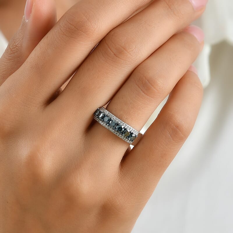 D'Joy Blue Diamond IR and White Diamond 1.00 ctw Azure Legacy Band Ring in Rhodium Over Sterling Silver (Size 6.0)