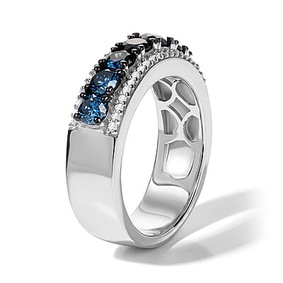 D'Joy Blue Diamond IR and White Diamond 1.00 ctw Band Ring in Rhodium Over Sterling Silver (Size 6.0)