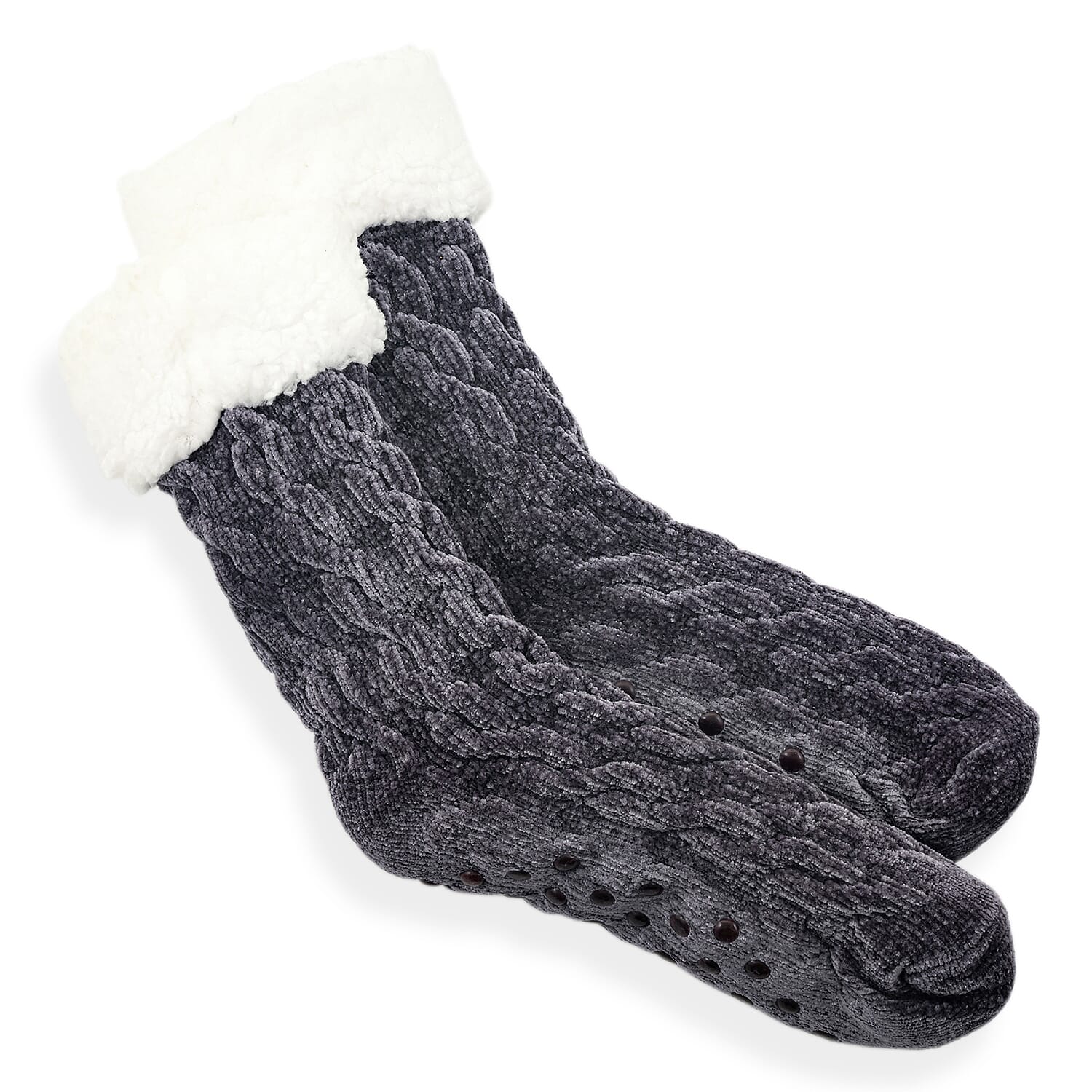 Tehee Black Color Fuzzy Socks with Grip - Size 9-11