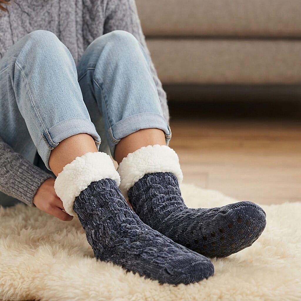 Tehee Black Color Fuzzy Socks with Grip - Size 9-11