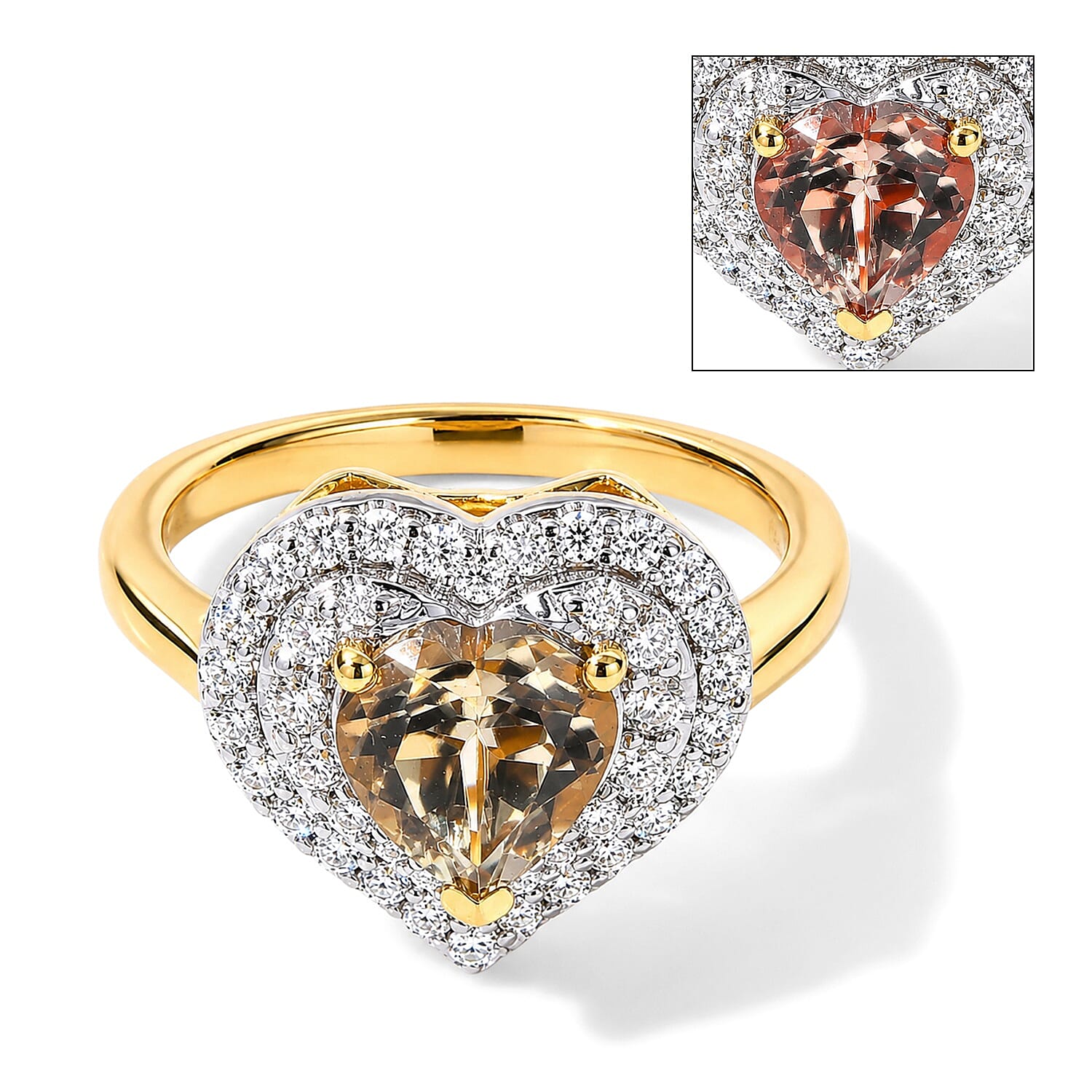 Certified and Appraised D'Joy Premium Turkizite and Moissanite 2.00 ctw Heart Ring in 18K Vermeil Yellow Gold Over Sterling Silver (Size 6.0)