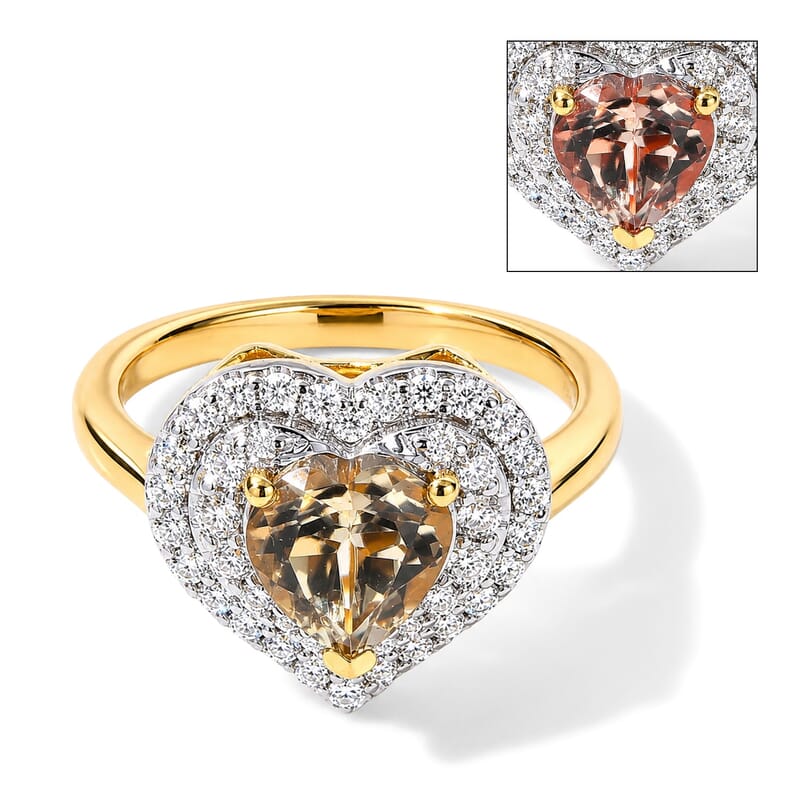 Certified and Appraised D'Joy Premium Turkizite and Moissanite 2.00 ctw Heart Ring in 18K Vermeil Yellow Gold Over Sterling Silver (Size 6.0)
