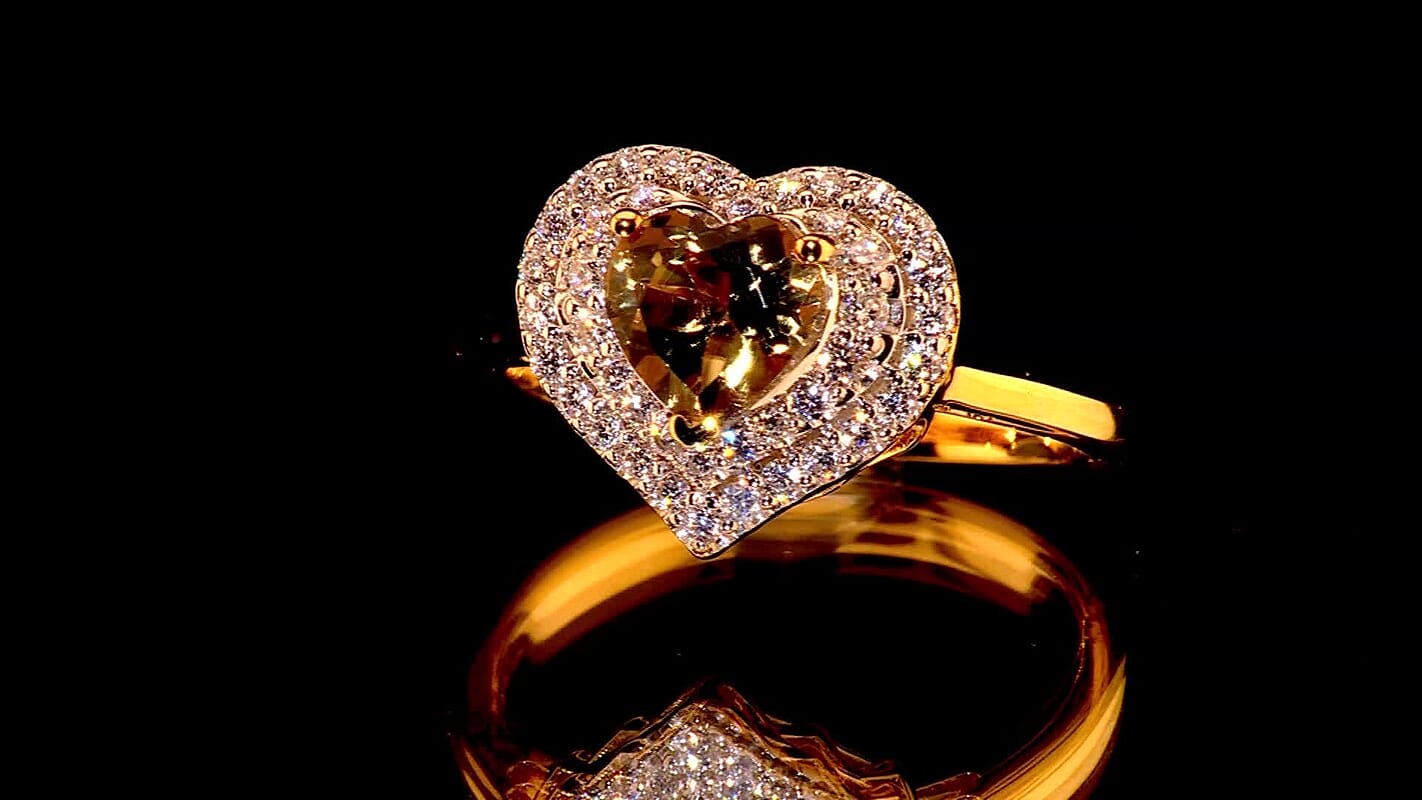 Certified and Appraised D''Joy Premium Turkizite, Moissanite Heart Ring in 18K Vermeil YG Over Sterling Silver (Size 10.0) 2.00 ctw