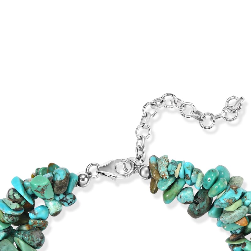 D'Joy Royal Hubei Blue Turquoise 85.00 ctw Nuggets 3 Row Twisted Bracelet in Rhodium Over Sterling Silver (7.25-9.25In)