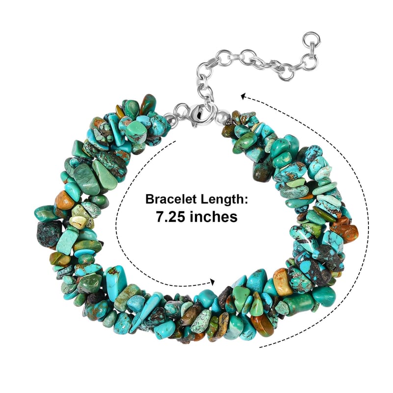 D'Joy Royal Hubei Blue Turquoise 85.00 ctw Nuggets 3 Row Twisted Bracelet in Rhodium Over Sterling Silver (7.25-9.25In)