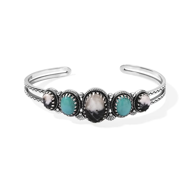 D'Joy Artisan Crafted Premium White Buffalo and Tahoe Nevada Turquoise 15.20 ctw Spirits of the Desert Cuff Bracelet in Sterling Silver