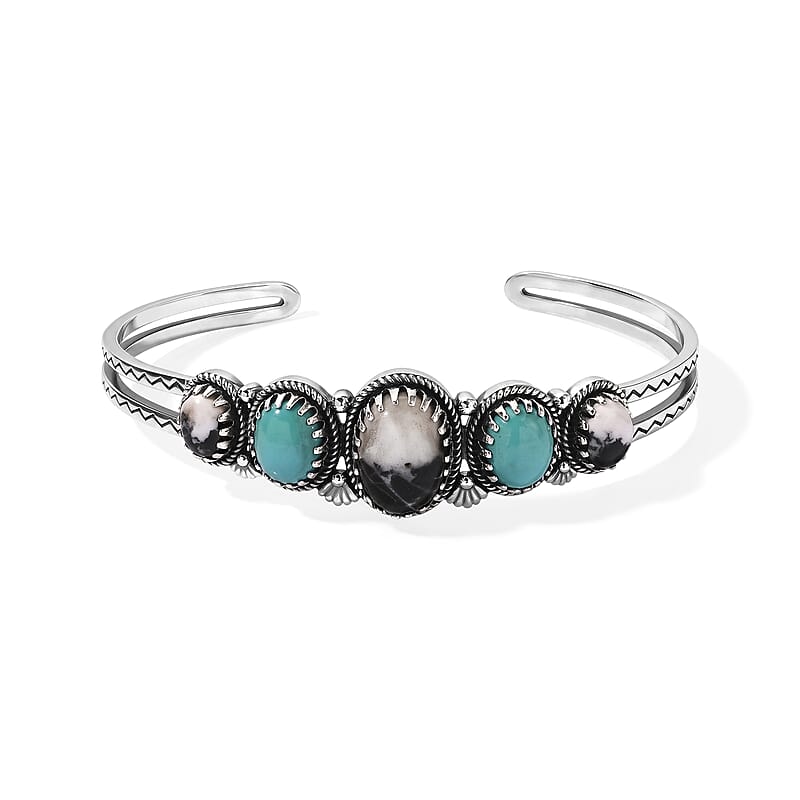 D'Joy Artisan Crafted Premium White Buffalo and Tahoe Nevada Turquoise 15.20 ctw Cuff Bracelet in Sterling Silver