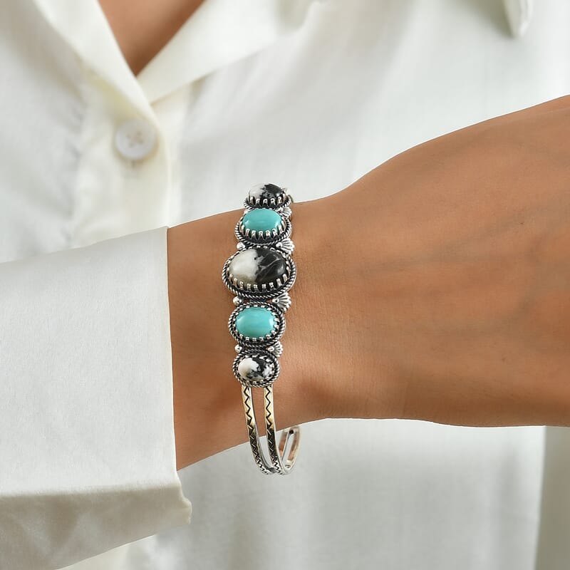 D'Joy Artisan Crafted Premium White Buffalo and Tahoe Nevada Turquoise 15.20 ctw Spirits of the Desert Cuff Bracelet in Sterling Silver